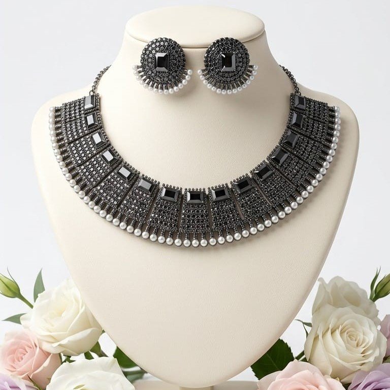 Royal Black Crystal Choker Necklace Set - Black Rhodium Plated Statement Jewelry with Pearl Accents & Earrings